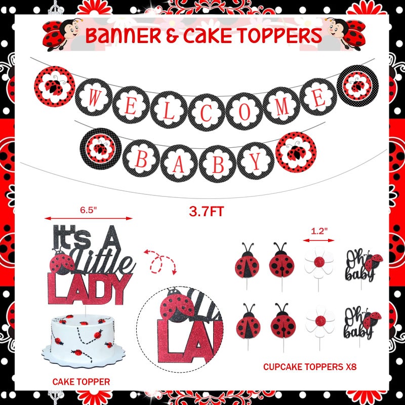 Fiesec 125 PCs Ladybug Baby Shower Decorations, Fiesec Ladybug Baby Shower Supplies Welcome Little Ladybug Backdrop Balloon Garland Banner Tablecloth Cake Topper Walking Balloon Polka Dots Heart Flower - Image 3