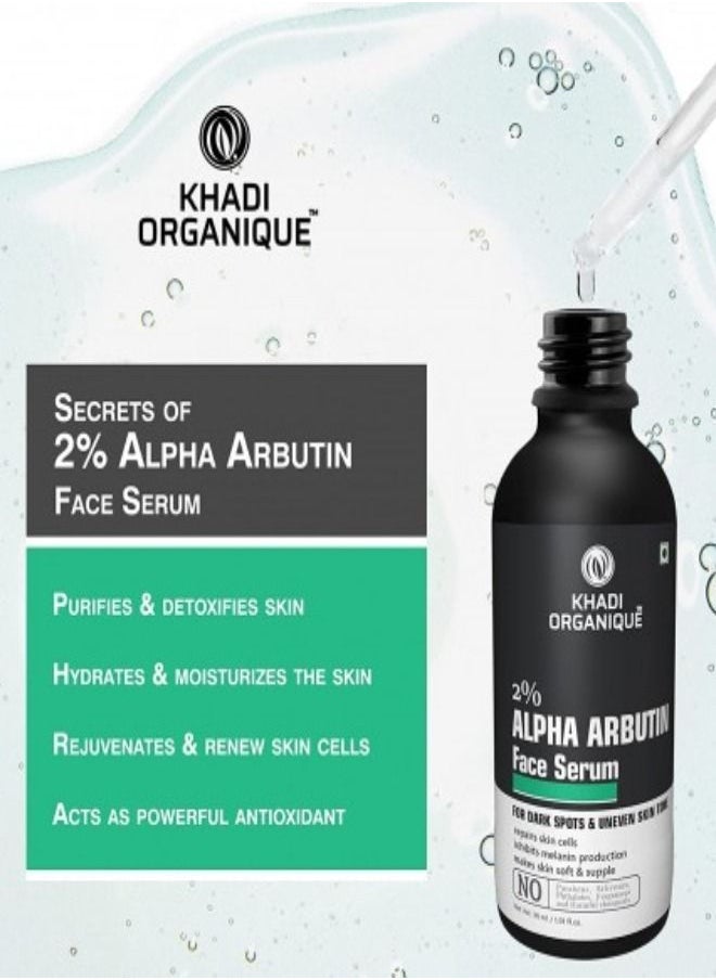 Khadi ORGANIQUE - Khadi Organique Alpha Arbutin 2% + Hyaluronic Acid 1% Face Serum for Pigmentation & Dark Spots, Anti-pigmentation, Blemishes, Acne Marks & Tanning For Men & Women, 30Ml - Image 1