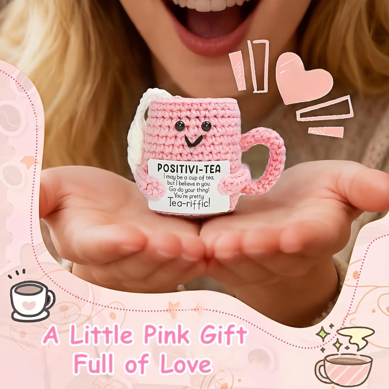 YimiBloss Cute Birthday Gifts for Women, Positive Handmade Crochet Pink Tea Cup Desk Decorâ€“Tea Lovers Funny Unique Emotional Small Gift for Best Friends Girlfriend Wife Mom Coworkers Thank You Valentines Day - Image 2
