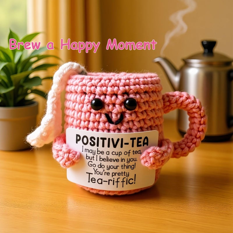 YimiBloss Cute Birthday Gifts for Women, Positive Handmade Crochet Pink Tea Cup Desk Decorâ€“Tea Lovers Funny Unique Emotional Small Gift for Best Friends Girlfriend Wife Mom Coworkers Thank You Valentines Day - Image 4