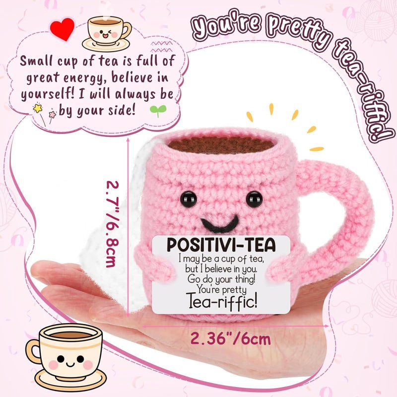 YimiBloss Cute Birthday Gifts for Women, Positive Handmade Crochet Pink Tea Cup Desk Decorâ€“Tea Lovers Funny Unique Emotional Small Gift for Best Friends Girlfriend Wife Mom Coworkers Thank You Valentines Day - Image 3