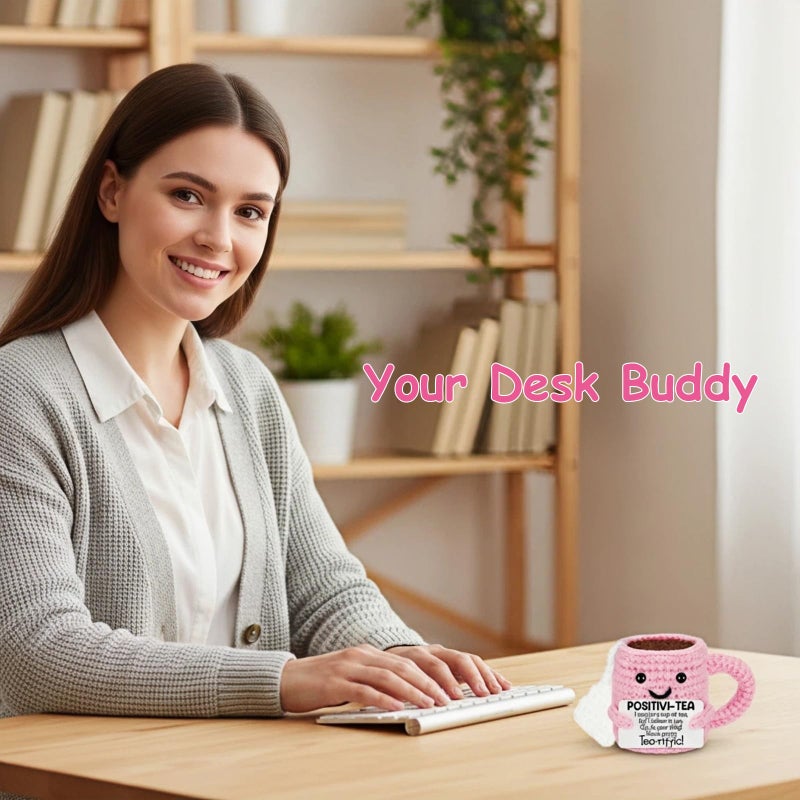 YimiBloss Cute Birthday Gifts for Women, Positive Handmade Crochet Pink Tea Cup Desk Decorâ€“Tea Lovers Funny Unique Emotional Small Gift for Best Friends Girlfriend Wife Mom Coworkers Thank You Valentines Day - Image 5