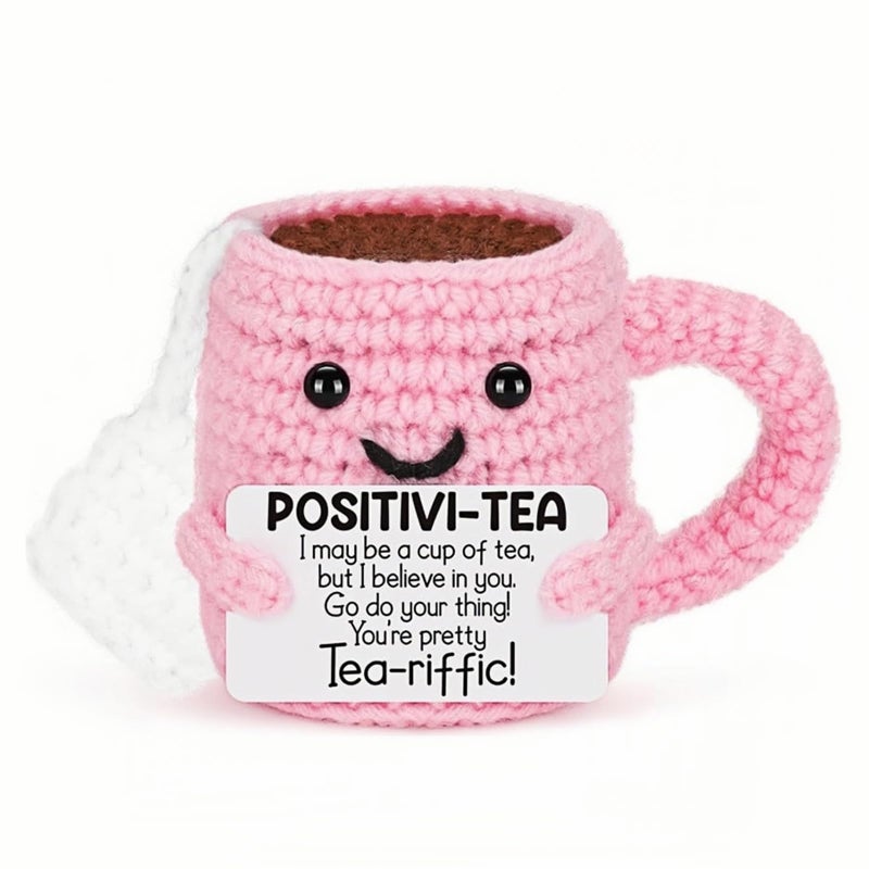 YimiBloss Cute Birthday Gifts for Women, Positive Handmade Crochet Pink Tea Cup Desk Decorâ€“Tea Lovers Funny Unique Emotional Small Gift for Best Friends Girlfriend Wife Mom Coworkers Thank You Valentines Day - Image 1