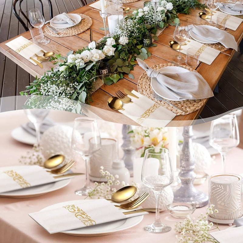 Silvery Disposable Floral Napkins 25 Count Linen Like Thickened with Cutlery Pockets For Weddings Banquets - Image 1