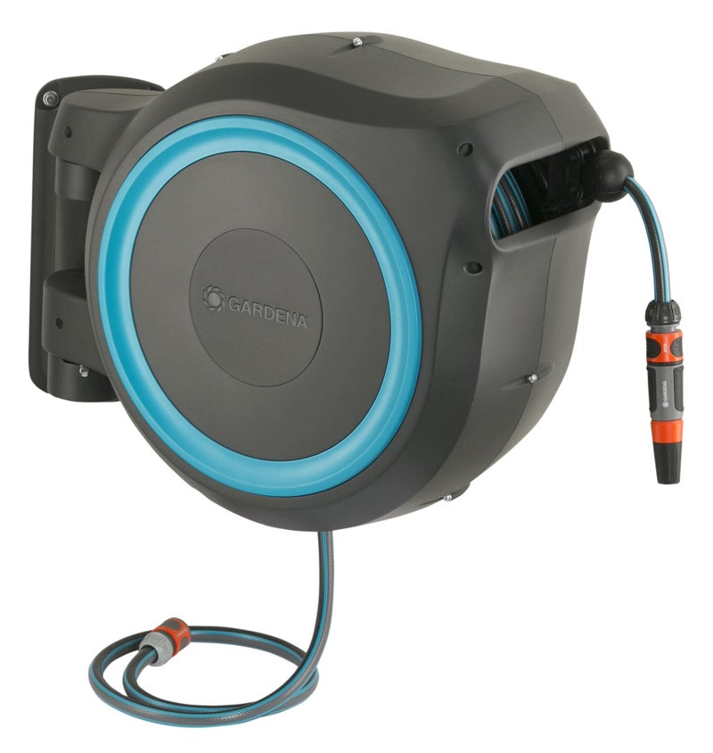 GARDENA (18630) Retractable Garden Hose Reel 115' x 1/2" Wall Mounted, Automatic Retraction & Length Lock for Easy Watering. Heavy Duty Swivel Bracket 180°, Includes Nozzle. Made in Europe - Image 1