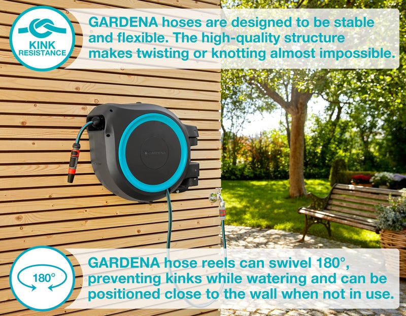 GARDENA (18630) Retractable Garden Hose Reel 115' x 1/2" Wall Mounted, Automatic Retraction & Length Lock for Easy Watering. Heavy Duty Swivel Bracket 180°, Includes Nozzle. Made in Europe - Image 4
