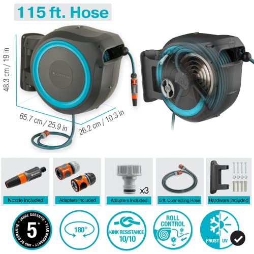 GARDENA (18630) Retractable Garden Hose Reel 115' x 1/2" Wall Mounted, Automatic Retraction & Length Lock for Easy Watering. Heavy Duty Swivel Bracket 180°, Includes Nozzle. Made in Europe - Image 2