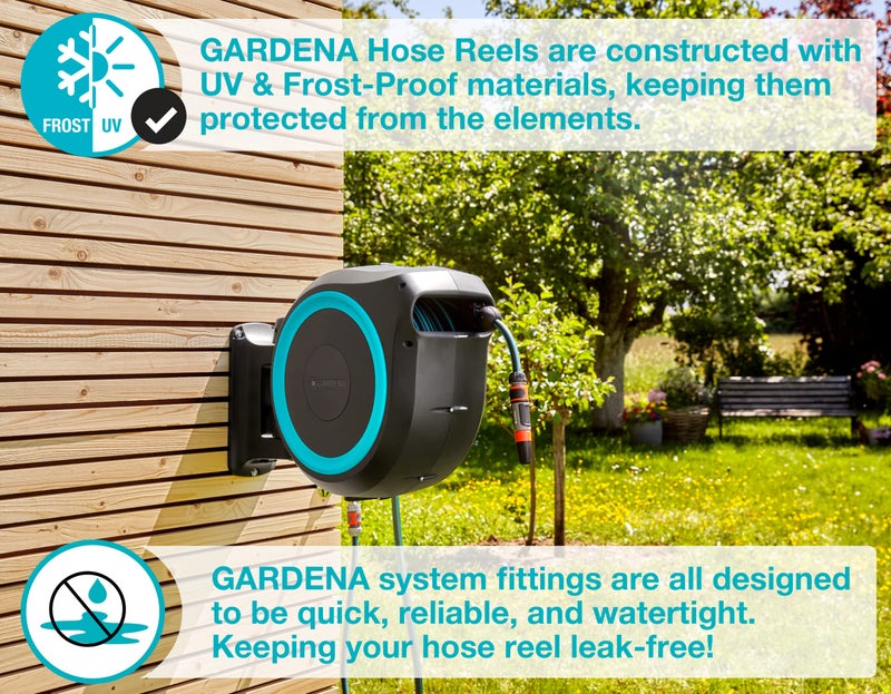 GARDENA (18630) Retractable Garden Hose Reel 115' x 1/2" Wall Mounted, Automatic Retraction & Length Lock for Easy Watering. Heavy Duty Swivel Bracket 180°, Includes Nozzle. Made in Europe - Image 3