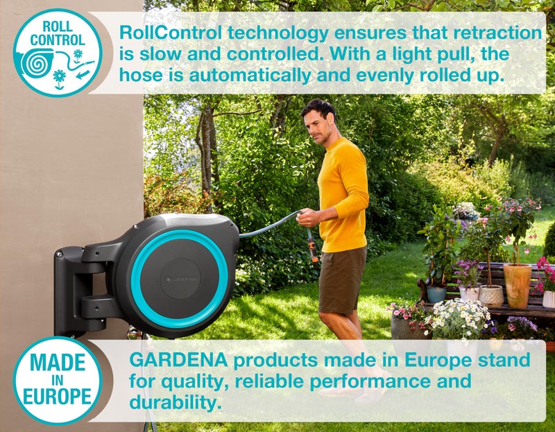 GARDENA (18630) Retractable Garden Hose Reel 115' x 1/2" Wall Mounted, Automatic Retraction & Length Lock for Easy Watering. Heavy Duty Swivel Bracket 180°, Includes Nozzle. Made in Europe - Image 5
