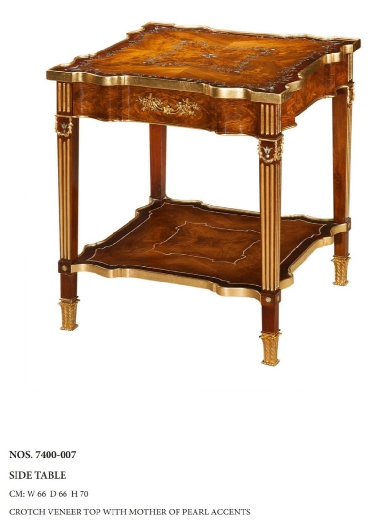 ماركة غير محددة Side Table Crotch Veneer top with mother of Pearl Accents side is gold leaves in leg is brass and rosewood furniture  - Image 2