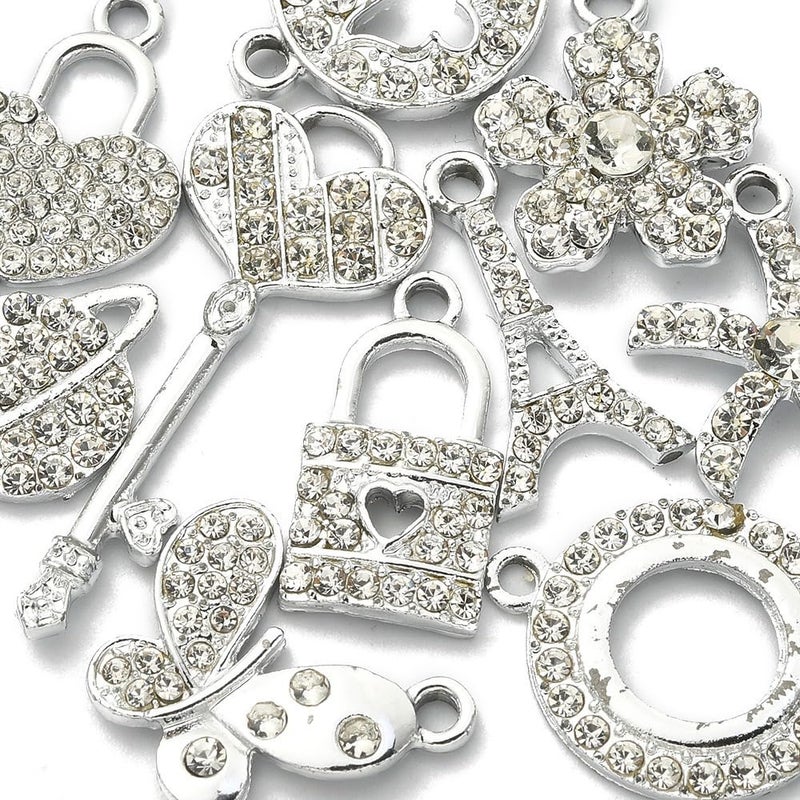 werdecade 10PCS Jewelry Making Silver Rhinestones Charms Mixed Silvery Metal Charms Pendants DIY for Necklace Bracelet Jewelry Making and Crafting (Silver) - Image 1