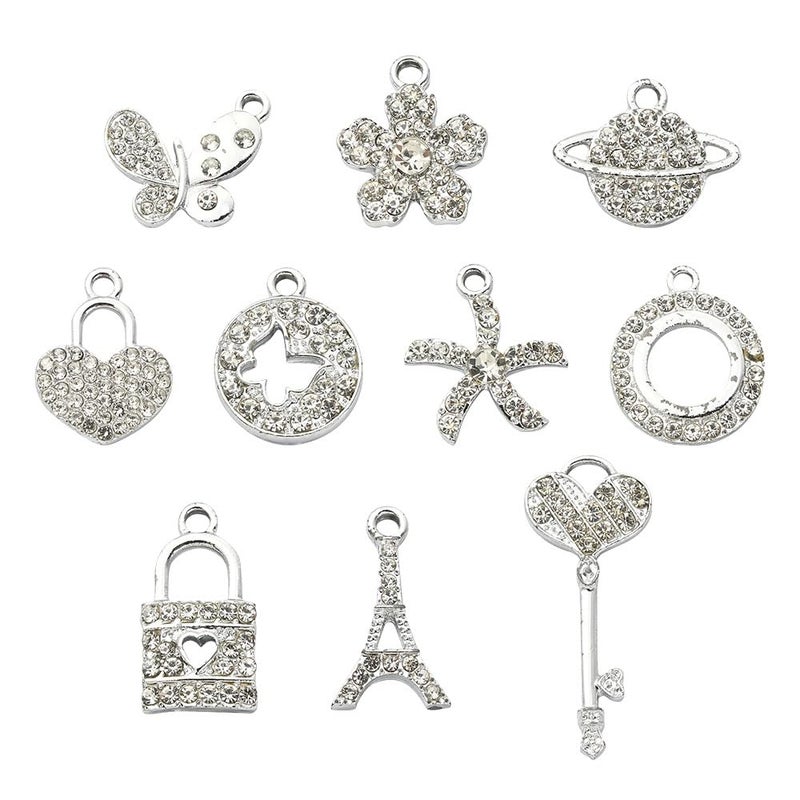 werdecade 10PCS Jewelry Making Silver Rhinestones Charms Mixed Silvery Metal Charms Pendants DIY for Necklace Bracelet Jewelry Making and Crafting (Silver) - Image 2