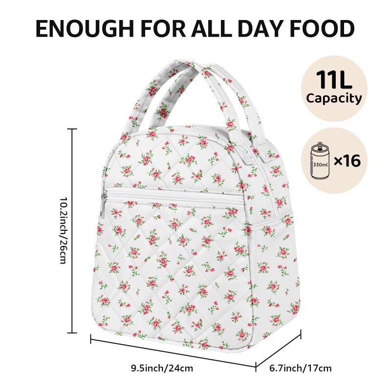 Paquesta Lunch Bag Women Stylish Quilted Lunch Boxes for Adult Fit and Fresh Cooler Insulated Lunchbox for Work Large 11 Liters Cute Compact Lunchbag Waterproof Red Floral - Image 3