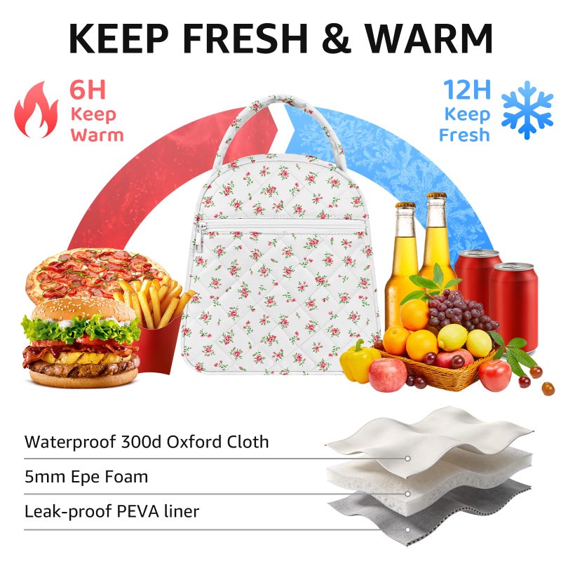 Paquesta Lunch Bag Women Stylish Quilted Lunch Boxes for Adult Fit and Fresh Cooler Insulated Lunchbox for Work Large 11 Liters Cute Compact Lunchbag Waterproof Red Floral - Image 2