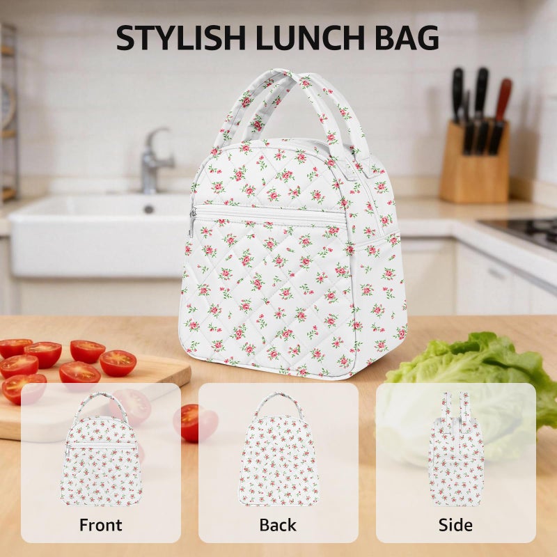 Paquesta Lunch Bag Women Stylish Quilted Lunch Boxes for Adult Fit and Fresh Cooler Insulated Lunchbox for Work Large 11 Liters Cute Compact Lunchbag Waterproof Red Floral - Image 5