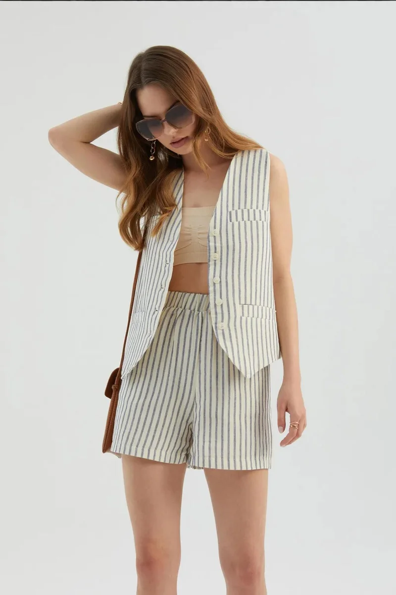 Hiccup Oatmeal Natural Striped High Waist Elastic Waist Shorts for Women | Best Price UAE