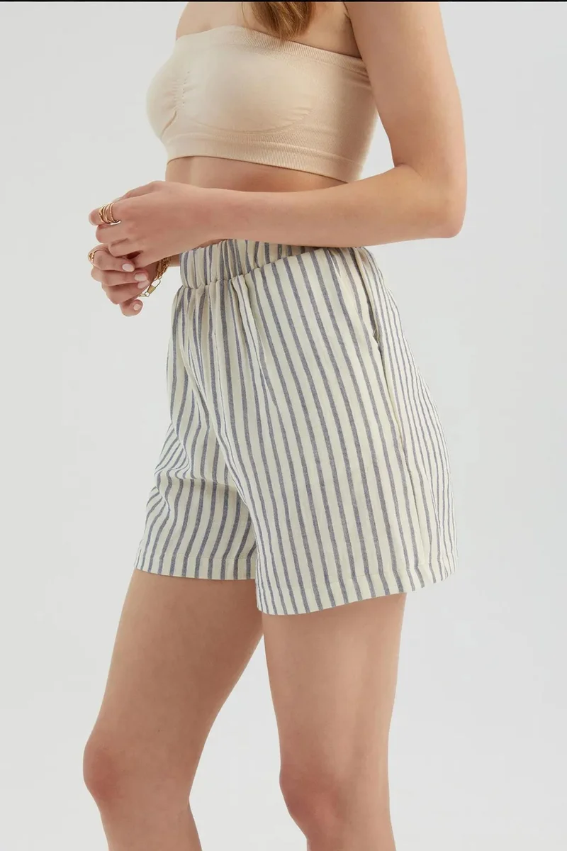 Hiccup Oatmeal Natural Striped High Waist Elastic Waist Shorts for Women | Best Price UAE