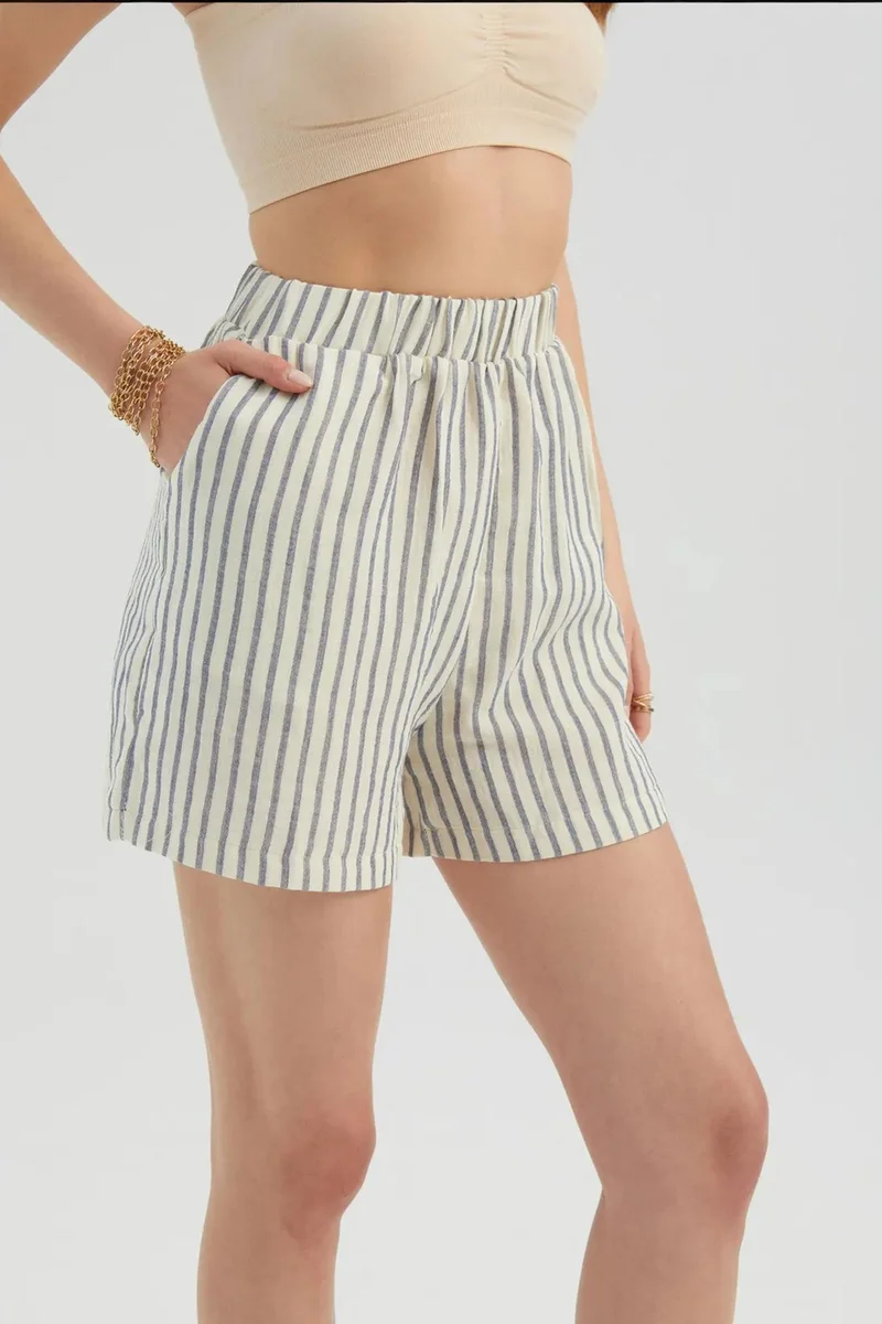 Hiccup Oatmeal Natural Striped High Waist Elastic Waist Shorts for Women | Best Price UAE