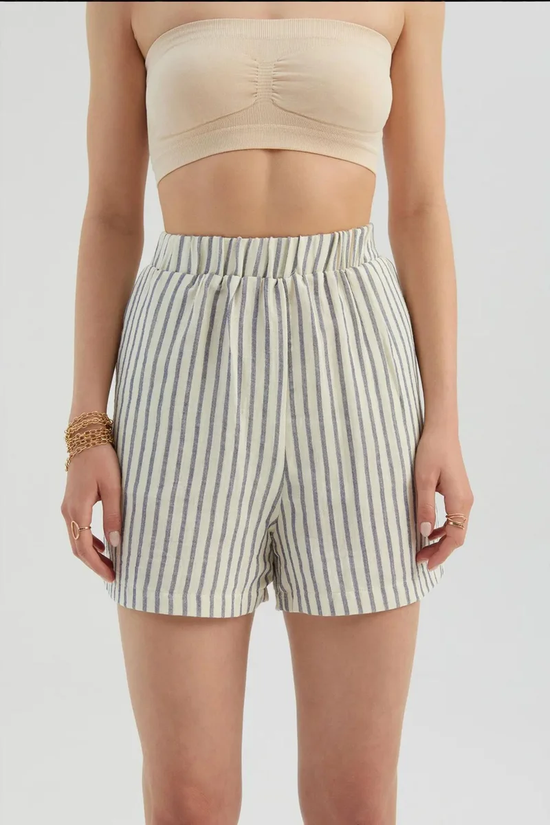 Hiccup Oatmeal Natural Striped High Waist Elastic Waist Shorts for Women | Best Price UAE