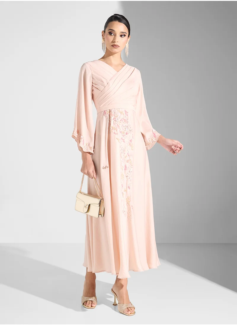 Fashion Trends by Suzy Matar Embroidered Long Crepe Dress with Belt