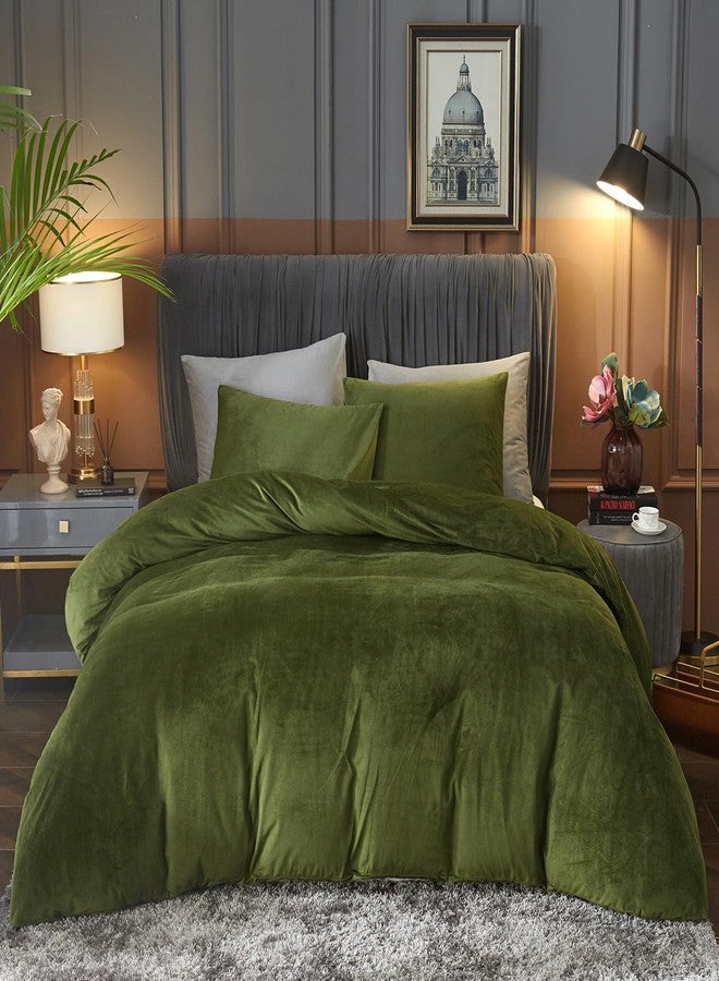 Ivellow Velvet Duvet Cover Queen Set Sage Green Comforter Cover 3Pcs Ultra Soft Cover Breathable Solid Luxury Flannel Velour Duvet Cover Zipper Closure Corner Tie - Image 1