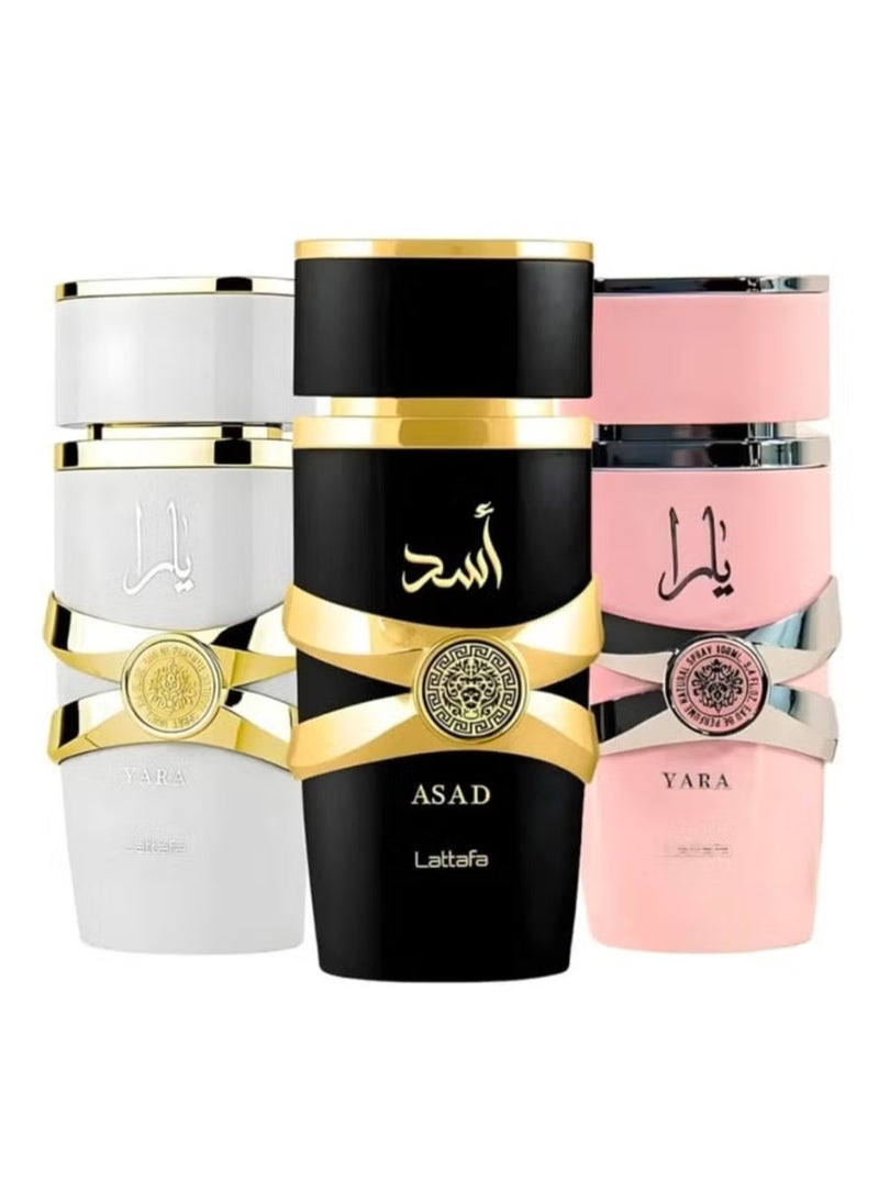 Lattafa distinctive perfume collection Yara, Asad and Yara Moa Eau de Parfum 100ml