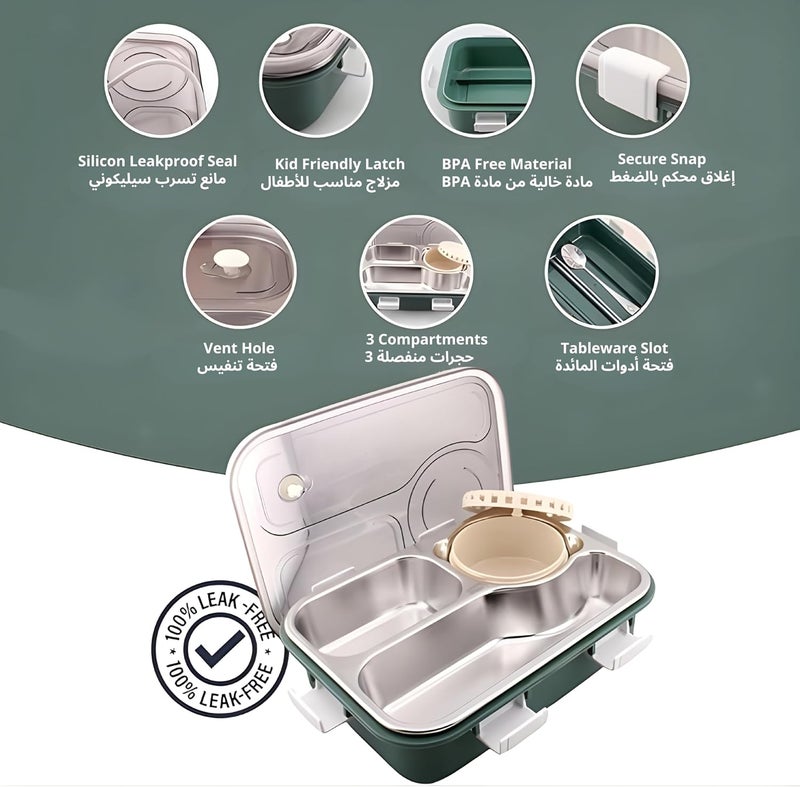BrainGiggles Global flexible sizing options Stainless Steel Lunchbox with Thermos and Cutlery | 3-Compartments Insulated Lunch Box for Adults, Kids | Leak Proof Tiffin for Kids | Bento Box for School, Office (Green) Gulf standard sizing alternatives - Image 2