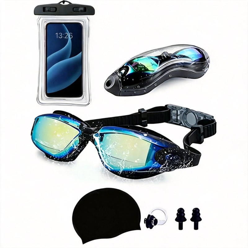 OYOGU Adult Swimming Gear Set 5-in-1 Electroplated Goggles Swim Cap Nose Clip Ear Plugs Waterproof Phone Pouch - Image 5