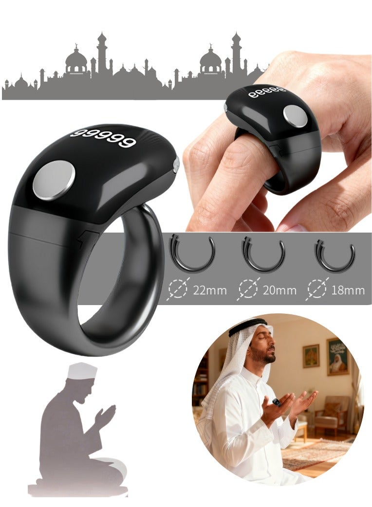 Tasbih Zikr Smart Ring, Adjustable Counter, Size (18 and 20mm 22), Digital Counter Prayer Reminder Ring, Waterproof Counter Zikr Ring, For Muslims (black) - Image 1