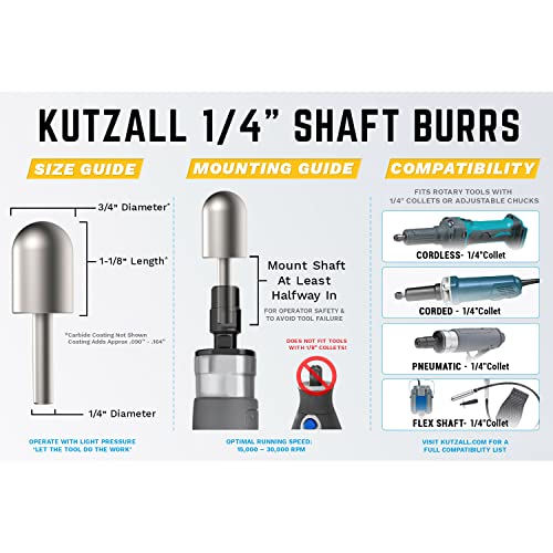 Kutzall Extreme Ball Nose Rotary Burr 1⁄4" Shaft, Very Coarse - Wood Carving Bit for Bosch, DeWalt, Milwaukee. Abrasive Tungsten Carbide 3⁄4"(19mm) Dia. X 1-1⁄8"(28.5mm) Length, BNX-34C - Image 3