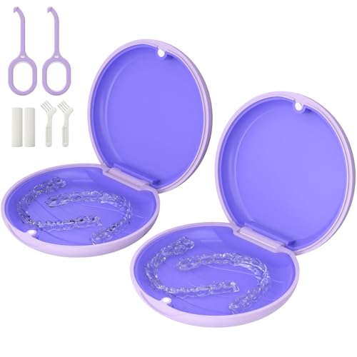 2 Pack Retainer Case Slim Aligner Case Compatible with Invisalign Mouth Guard Case Cute Orthodontic Retainer Case with Retainer Removal Tool and Brush Purple