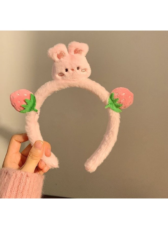Cute plush cartoon rabbit headband for women, perfect for washing your face or wearing out (pink)
