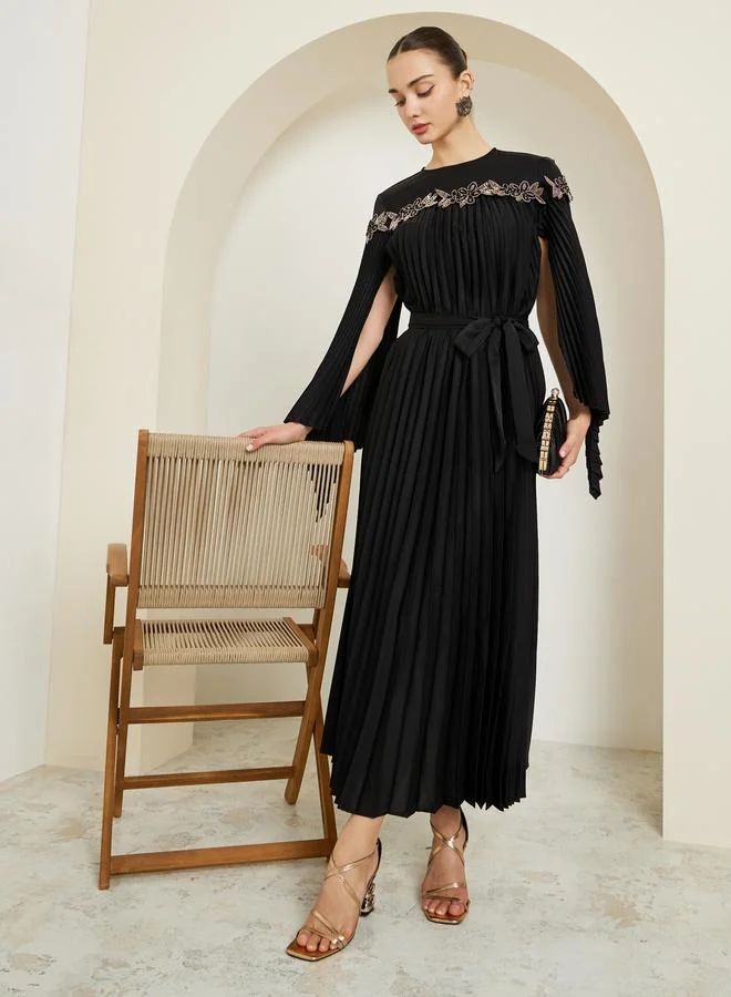 Styli Black Embellished Pleated Cape Sleeve Maxi Dress