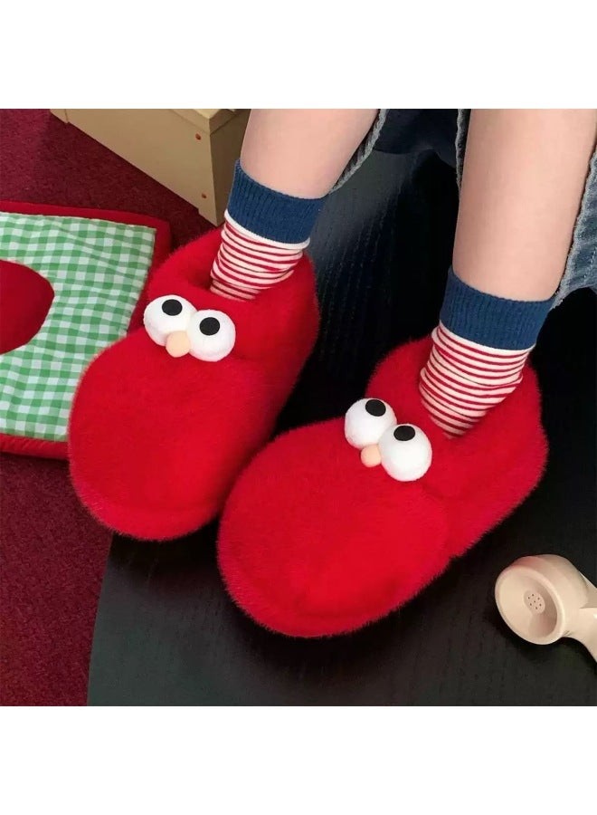 Women's Winter New Style Cute Eyes Home And Outdoor Wear Warm Plus Velvet Non-slip Thick-soled Cotton Slippers