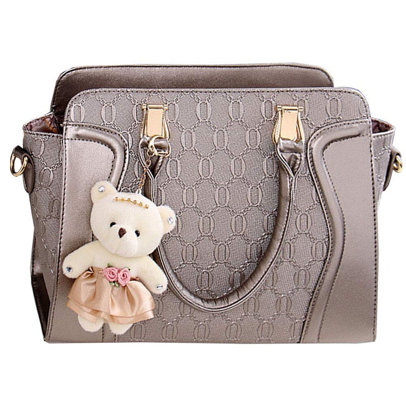 FiveloveTwo FiveloveTwo Women Tote Satchel Shoulder Bag PU Top Handle Bag Clutch Card Holder with Bear Ornaments, Champagne, One Size, Totes - Image 2