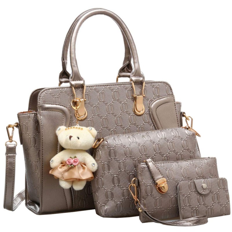 FiveloveTwo FiveloveTwo Women Tote Satchel Shoulder Bag PU Top Handle Bag Clutch Card Holder with Bear Ornaments, Champagne, One Size, Totes - Image 1