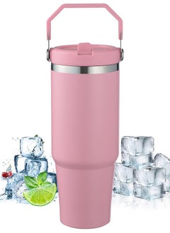 BUPY 30 Oz Stainless Steel Insulated Tumbler Coffee Cup with Flip Straw Mouth Lid & Rotating Handle for Travel Sports, Keep Drinks Cold 24 Hours, Cup holder Friendly, Pink  - Image 1