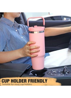 BUPY 30 Oz Stainless Steel Insulated Tumbler Coffee Cup with Flip Straw Mouth Lid & Rotating Handle for Travel Sports, Keep Drinks Cold 24 Hours, Cup holder Friendly, Pink  - Image 3