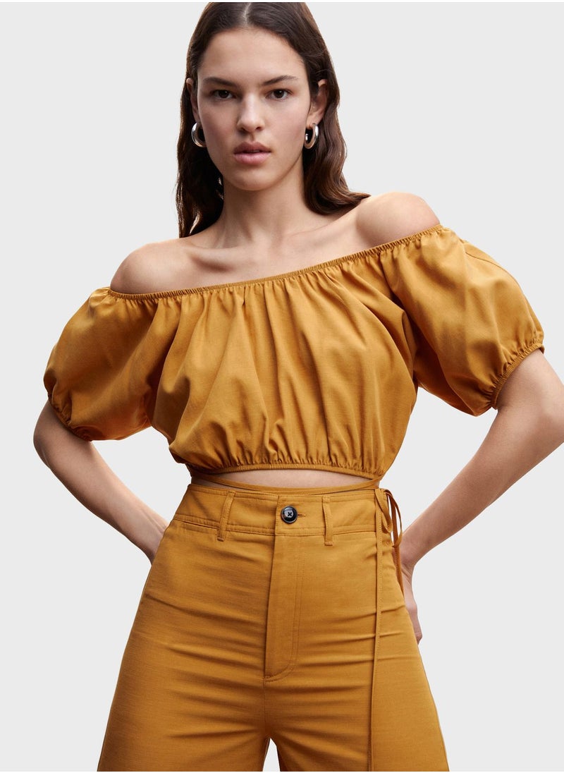 MANGO - Puff Sleeve Off-Shoulder Crop Top - Image 1