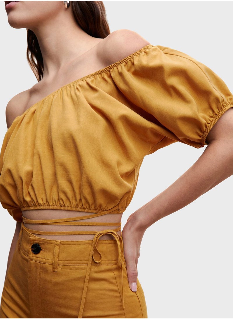 MANGO - Puff Sleeve Off-Shoulder Crop Top - Image 1