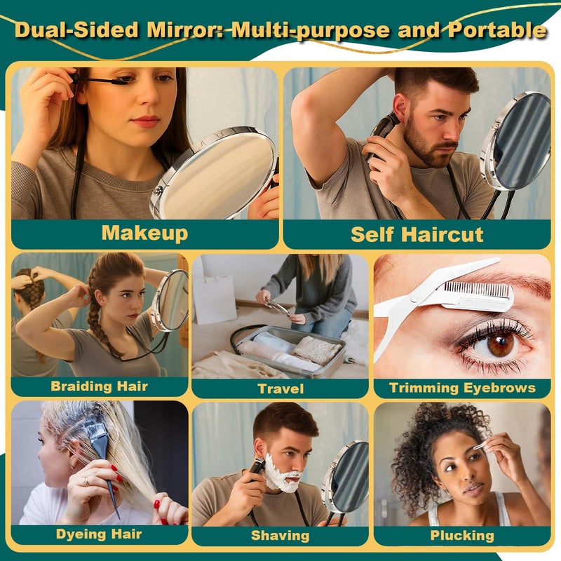 BESZONE Double Sided Mirror To See Back Of Head Self Haircut Mirror 360 Rotating, 6.7"" Standard And 5X Magnification, Self Cut Hands Free, Adjustable Neck Strap For Hair Cutting Braiding Makeup Travel - Image 3
