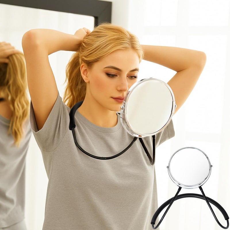 BESZONE Double Sided Mirror To See Back Of Head Self Haircut Mirror 360 Rotating, 6.7"" Standard And 5X Magnification, Self Cut Hands Free, Adjustable Neck Strap For Hair Cutting Braiding Makeup Travel - Image 1