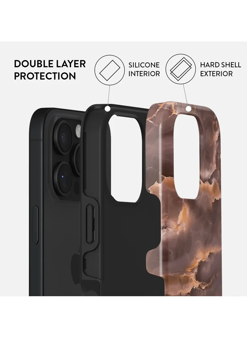BURGA Premium Dual-Layer Protective Case for iPhone 16 Pro - Fire Wood Design with Brown Marble Finish - Durable, Shock-Resistant, and Sleek Cover for Maximum Protection