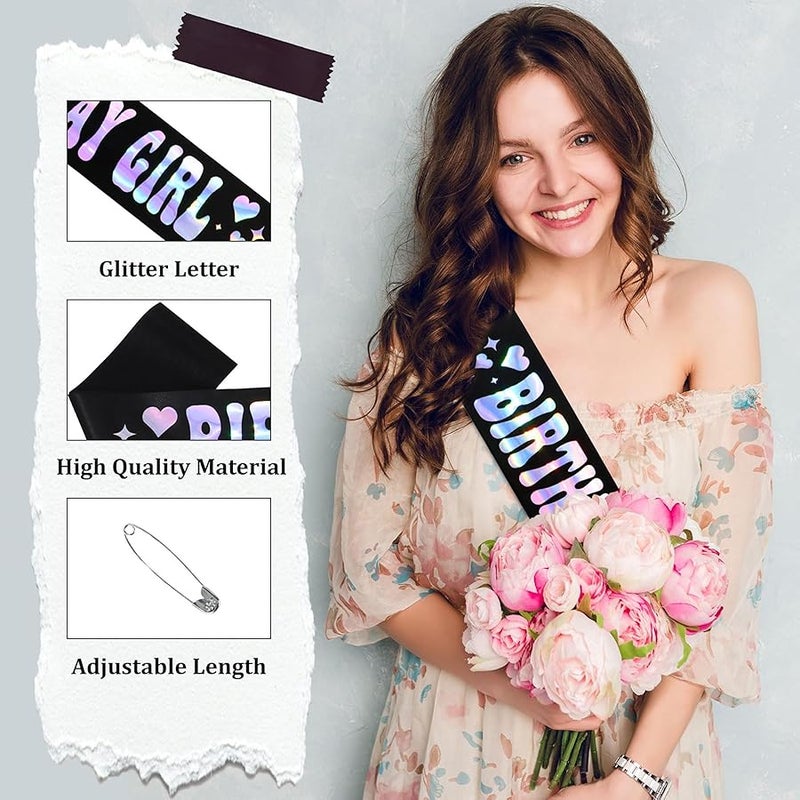 كافتي CAVETEE Birthday Girl Sash, Black Birthday Sash with Iridescent Foil Hot Pink Happy Birthday Decorations for Official Teenager Sweet 16, 21st 30th 40th 50th Birthday Party - Image 3