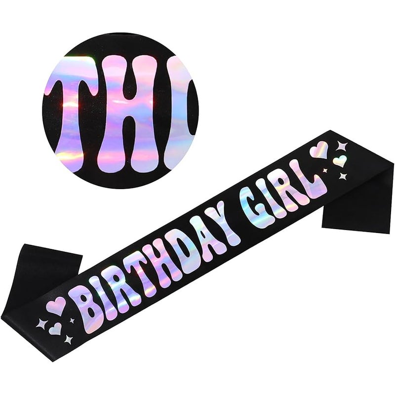 كافتي CAVETEE Birthday Girl Sash, Black Birthday Sash with Iridescent Foil Hot Pink Happy Birthday Decorations for Official Teenager Sweet 16, 21st 30th 40th 50th Birthday Party - Image 1