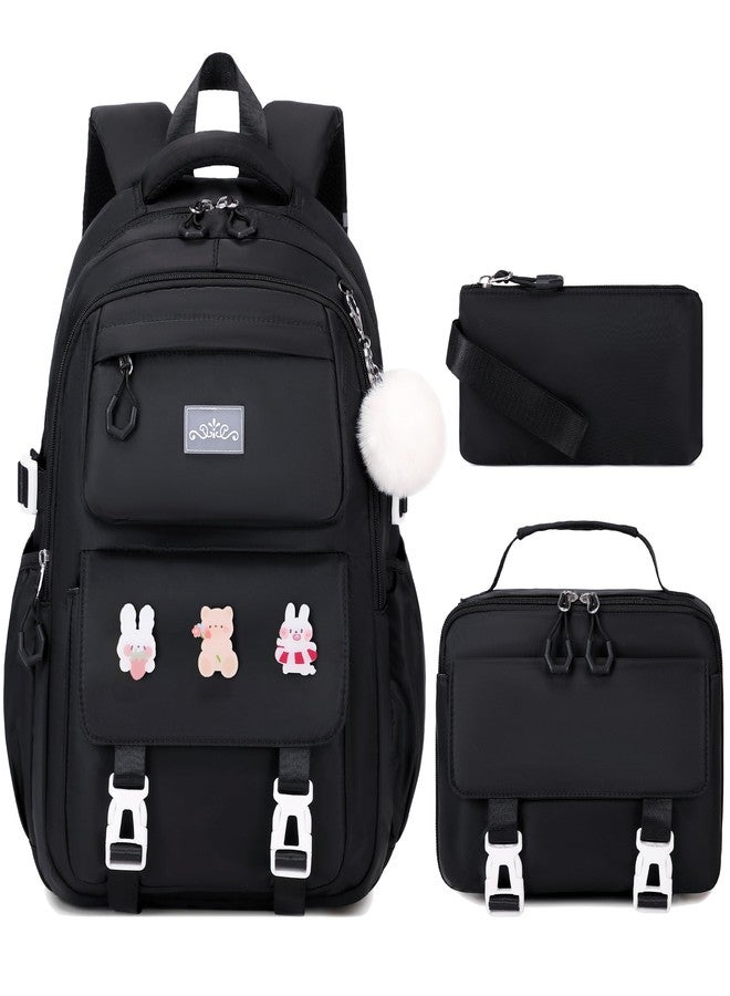 DIGOBAY 3PCS Girls Backpack for School, Kids Backpack for Girls with Lunch Box Pencil Case Set for Teen Girls Elementary Primary Middle High College School Bookbag with Cute Pins (Black) - Image 1