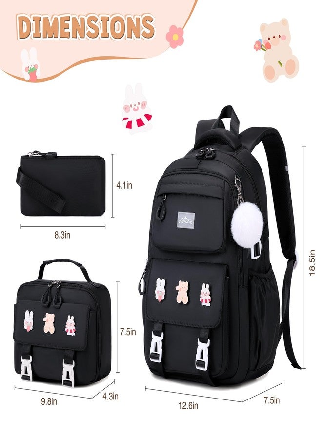 DIGOBAY 3PCS Girls Backpack for School, Kids Backpack for Girls with Lunch Box Pencil Case Set for Teen Girls Elementary Primary Middle High College School Bookbag with Cute Pins (Black) - Image 2
