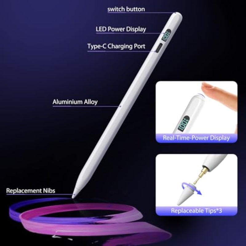 قلم شاشة LED لجهاز Apple iPad 2018-2026، قلم رفض راحة اليد للشحن السريع لمدة 15 دقيقة للعمل متوافق مع iPad 11/10/9/8/7/6th Gen، Air 11/13'' M3، Pro11/12.9/13''، Air3-5، Mini 5/6 - Image 5