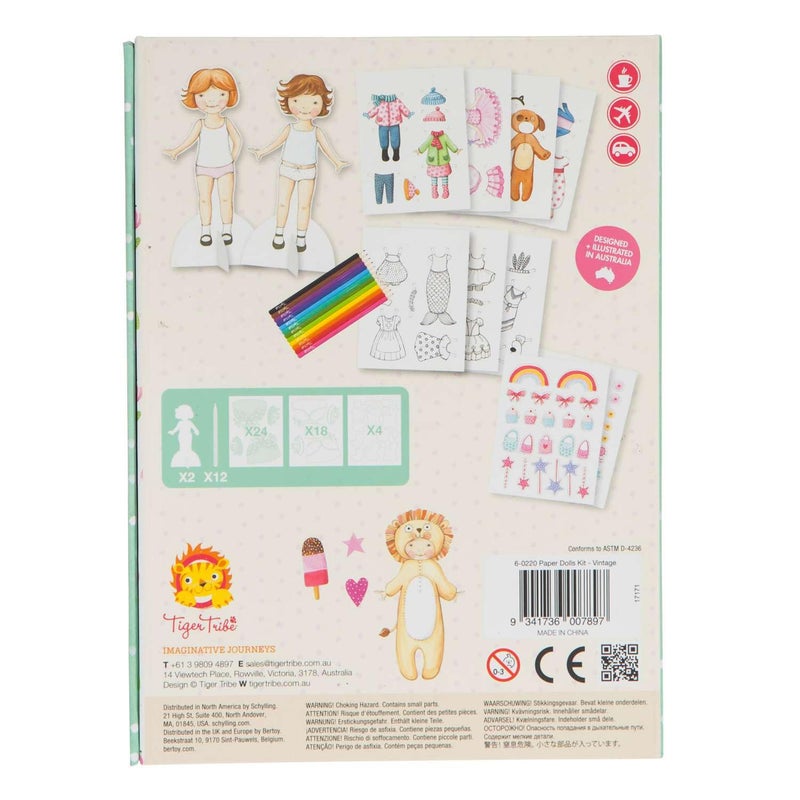 Tiger Tribe: Paper Dolls Kit - Vintage - Design & Dress 2 Paper Dolls, Includes Clothes You Color in, Colored Clothes, Stickers & Colored Pencils - Image 4