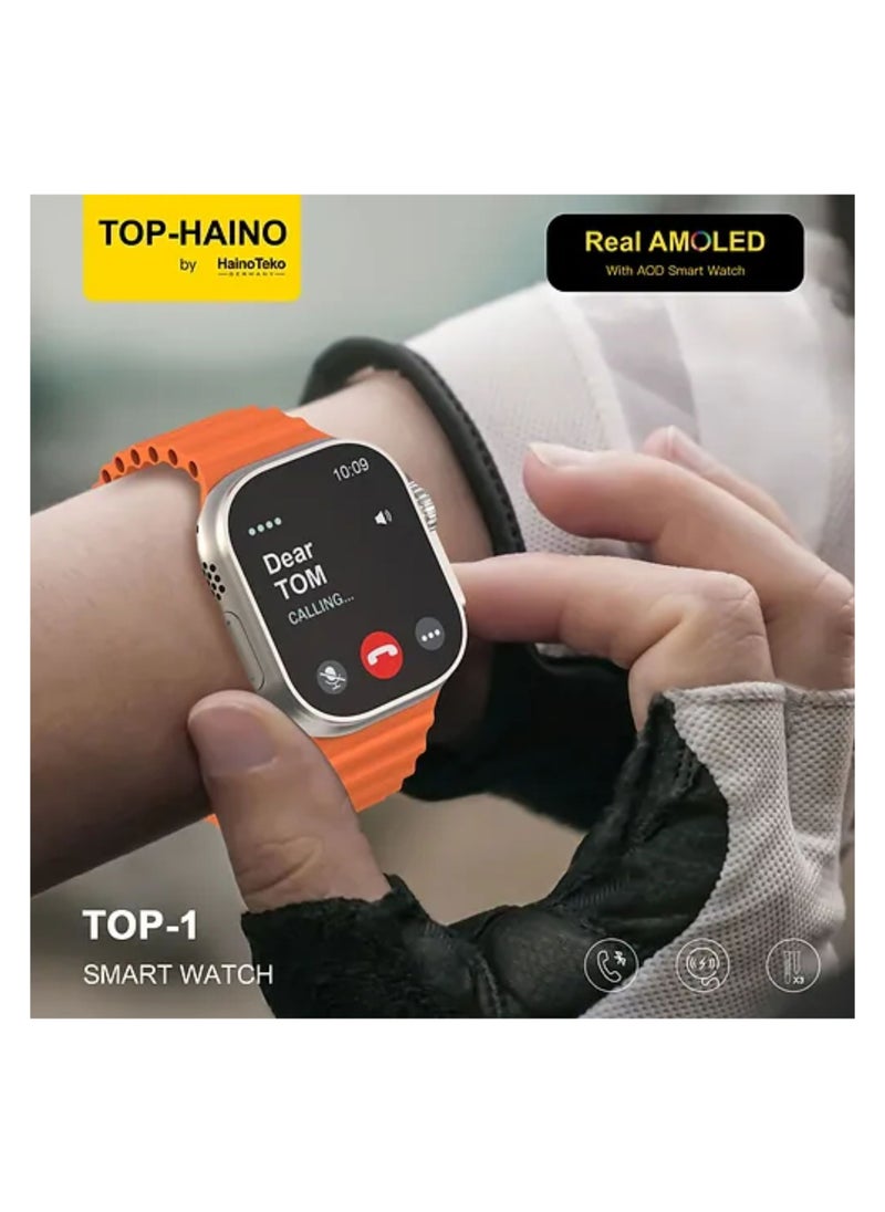 Haino Teko - Premium Haino Teko Germany TOP 1 Full Screen Real AMOLED Display_ 3 Pair Straps_Wireless Charger_For Ladies and Gents_Orange - Image 1